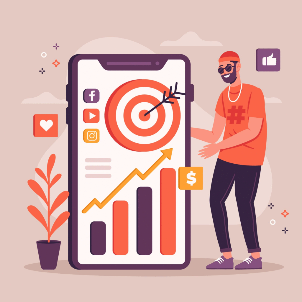 Cartoon illustration of a marketer next to a giant smartphone displaying a red target with an arrow, social media icons (Facebook, YouTube, Instagram), and an upward graph – symbolizing achieving digital marketing goals
